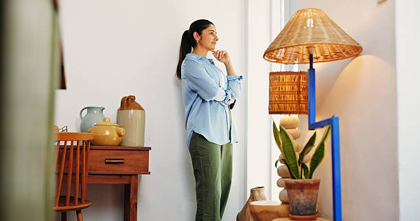 istock Thinking, smile or Indian woman in house with plan, choice or problem solving for startup growth. Reflection, decision or entrepreneur in home with idea, contemplation or solution for small business. 2255191466