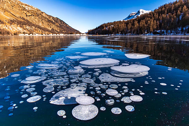 Frozen methane gas ice bubble under the black ice surface in the Silser Lake on a sunny winter day, Grisons, Switzerland
