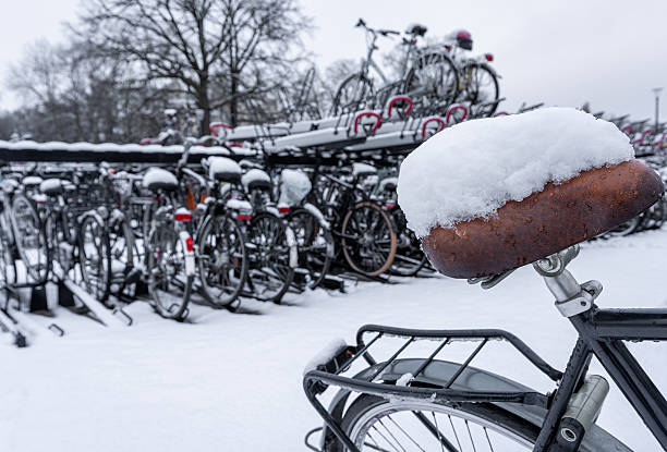 Challenging Dutch Winter Weather with a Bicycle Saddle Covered in Snow