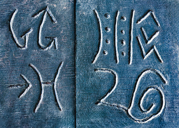 Close-up of a rustic, dark wooden carving featuring abstract, hand-carved symbols, representing ancient spiritual or ritualistic practices of indigenous peoples, at a flea market, old artifact