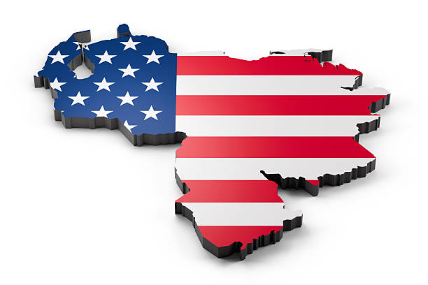 Venezuela map presenting the USA flag representing international relations. 3d rendering
