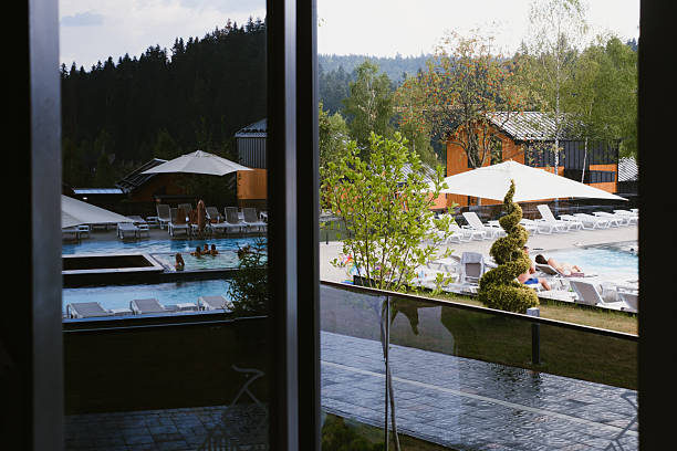 Enjoy a tranquil day at a modern hotel pool surrounded by lush greenery view through the window. Sun loungers invite relaxation while people unwind in the refreshing water on a sunny afternoon.