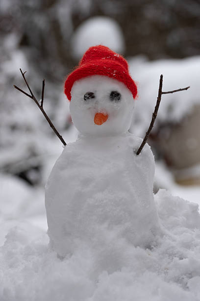 Close up view of unsteady funny snowman due to warm weather made by children in winter garden.  Sweden.