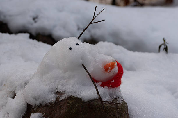 Small handmade snowman lying in fresh snow with twig arms and a red hat, photographed outdoors in a quiet winter garden.