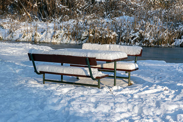 Two benches sit covered in snow along the edge of a river. The surrounding area shows white snow and bare trees. The scene captures a winter day without people.