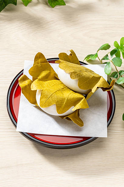 Traditional Japanese Kashiwa Mochi on red plate