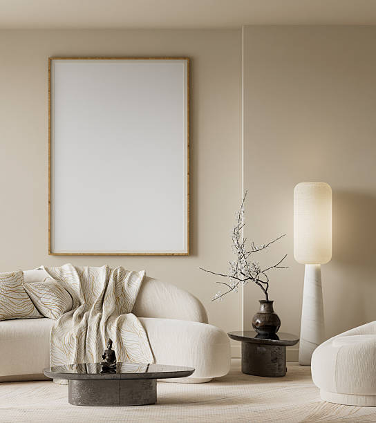 istock Soft neutral Japandi interior mock-up poster frame scene with sculptural tables, curved seating and warm lighting creating a peaceful modern setting. 3D illustration. 2255209754