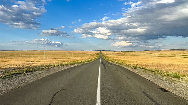 istock Long straight asphalt road cutting through vast golden fields under a clear blue sky with white clouds. Journey, freedom, and open landscapes. 2255212781