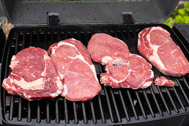 Various cuts of raw beef steaks on outdoor grill ready for cooking.