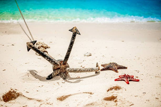 istock Anchor Resting In White Sand On Ocean Shore 2255215064