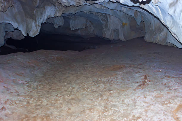 Speleology. Old cave washed by an underground river in the mountain. - Ponor (swallow hole), gypsum cave. Bizarre forms of stalactites and gypsum incrustations (speleothem). Laos
