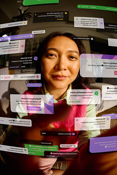 Woman focusing on being offline, surrounded by numerous digital notification bubbles
