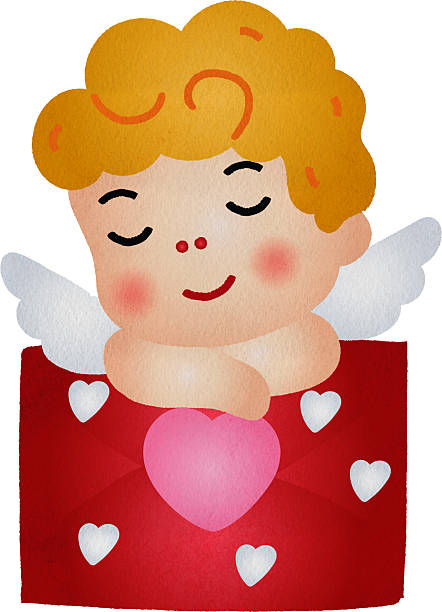 istock Cartoon Cupid in Red Envelope with Hearts Watercolor Hand Drawn Style 2255219685