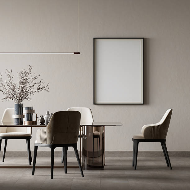 istock Minimalist dining room interior with modern dining table, neutral tones and elegant poster frame on wall, creating a calm, contemporary and refined residential atmosphere. 3D illustration 2255223548