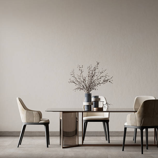 istock Modern minimalist dining room interior with elegant dining table, neutral colors and contemporary furniture creating a refined, luxury and calm residential atmosphere. 3D illustration 2255223551