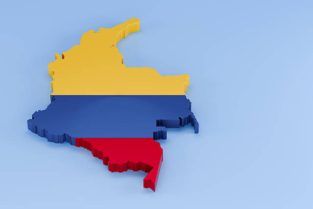 Colombia map displaying the vibrant colors of the national flag on a light blue background. 3d rendering