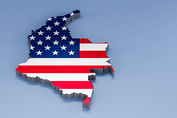 Colombia map outlining a strong relationship with the United States flag. 3d rendering