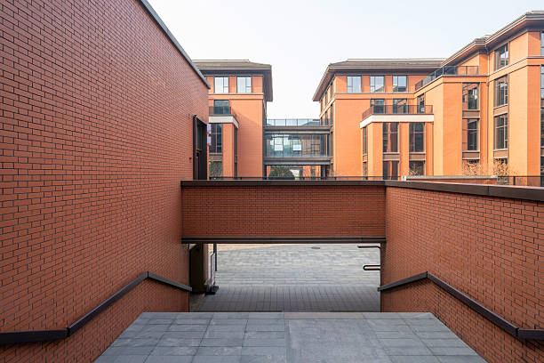 Outdoor area of a modern building. All objects in the scene are 3D