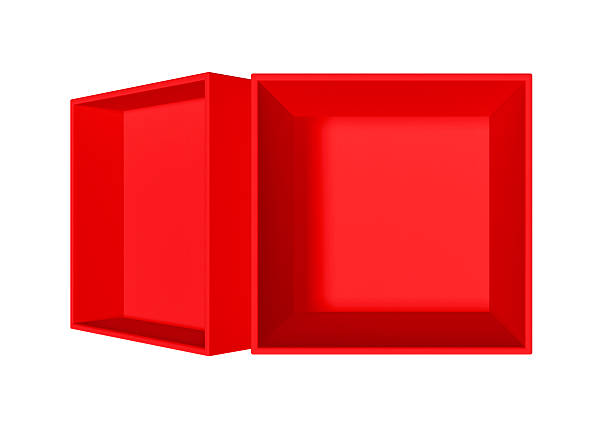 one red white open box with costume jewelry and various decorations stands on black wooden table