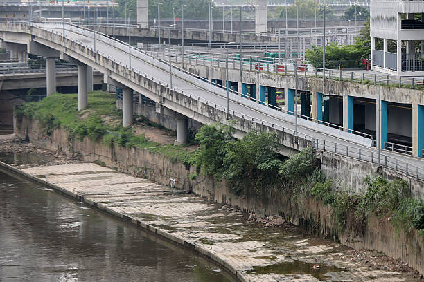 Focus on waste and garbage alongside river in city centre