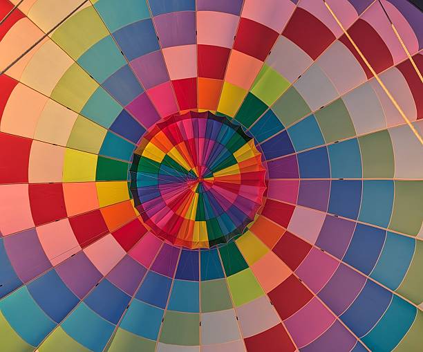 Rainbow patchwork on a hot air balloon, looking up