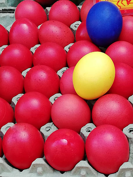 Red, yellow, and blue Easter eggs