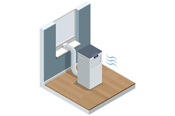istock Isometric portable air conditioner near window with ventilation hose. Concept of home cooling, mobile AC, and indoor climate control. Maintenance, HVAC service, and cooling system repair. 2255237473