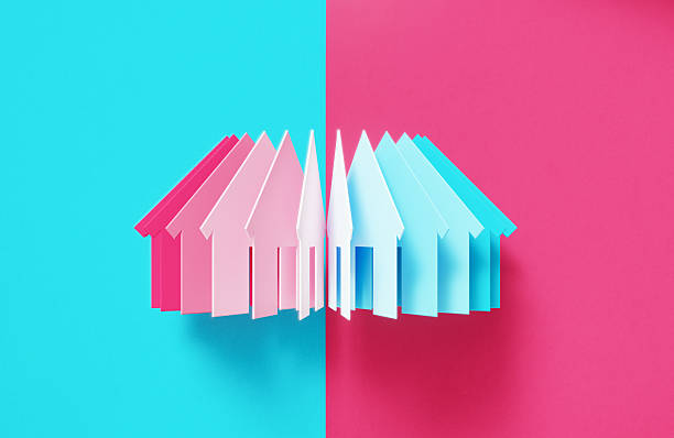 Colorful house symbols on blue and pink background.