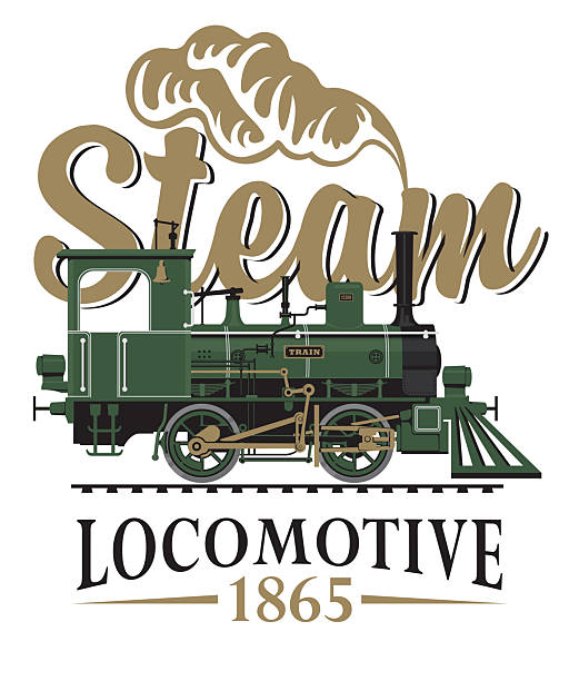 vector retro logo or emblem with a drawing silhouette of an old vintage railway steam locomotive in cartoon style