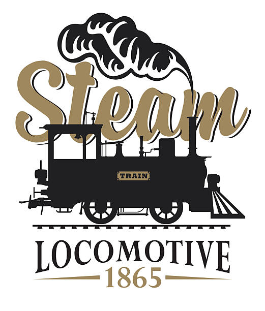 vector retro logo or emblem with a drawing silhouette of an old vintage railway steam locomotive in cartoon style