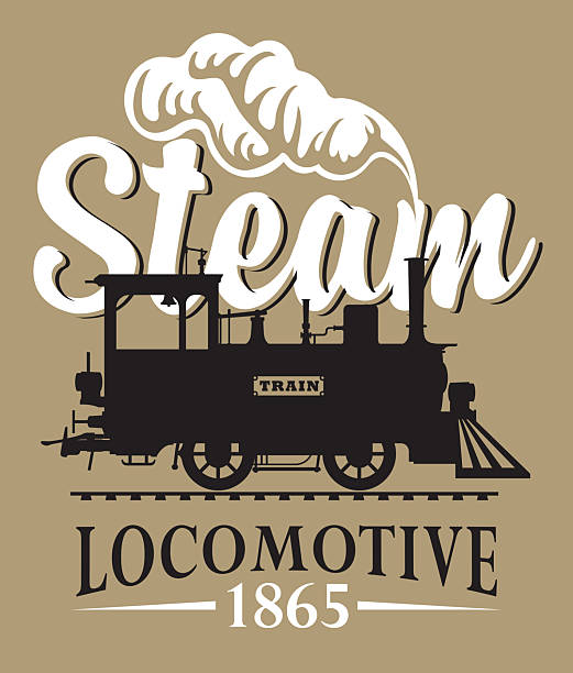 vector retro logo or emblem with a drawing silhouette of an old vintage railway steam locomotive in cartoon style