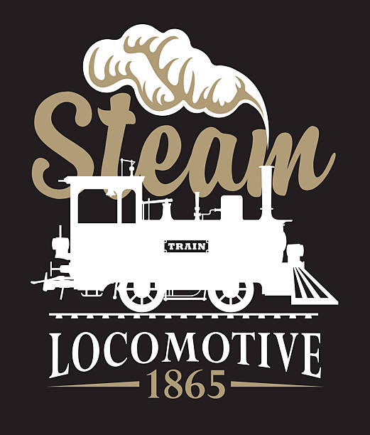 vector retro logo or emblem with a drawing silhouette of an old vintage railway steam locomotive in cartoon style