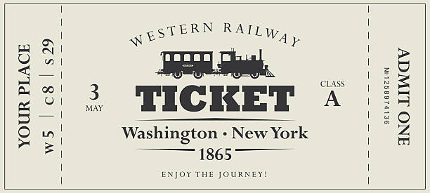 Vector train ticket template featuring a vintage steam locomotive with caridge, frame, decoration, inscriptions, and dates. Premium version.