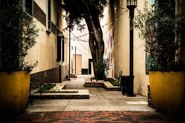 A picturesque narrow passage in a city, adorned with festive string lights and lush greenery, inviting exploration