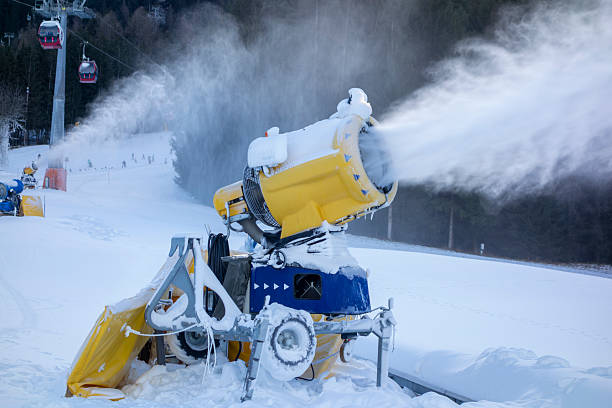 Christmas tree netting machine at an outdoor winter market with snow-covered firs