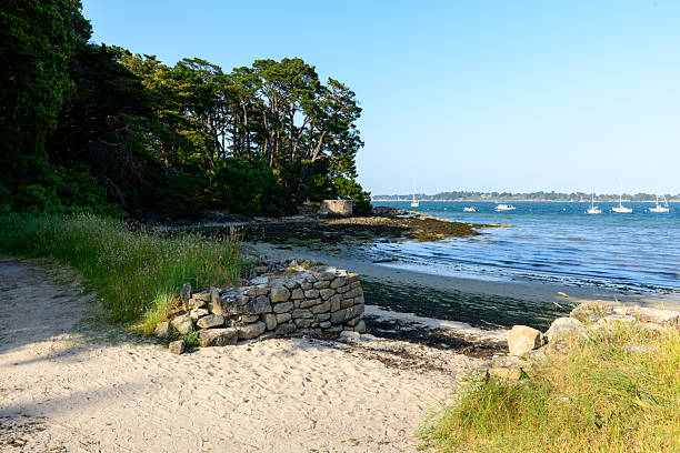 A weathered stone wall stands beside a sandy beach with wild grasses, facing calm blue water and anchored sailboats near a pine forest on Berder Island.