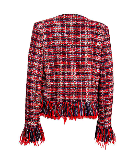 Studio shot of a red tweed jacket shown from rear view isolated on a white background featuring a textured woven pattern long sleeves decorative fringe hem and cuffs designed as a stylish womenswear outerwear piece suitable for autumn winter fashion ecommerce catalogue and apparel presentation