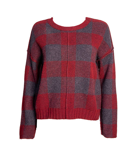 Studio shot of a red and gray checkered knit sweater displayed from front and back view isolated on a white background featuring a classic plaid pattern crew neck long sleeves ribbed cuffs and hem with a relaxed fit designed as a casual womenswear garment suitable for autumn winter fashion ecommerce catalogue and apparel presentation