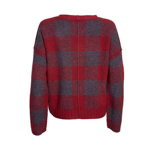Studio shot of a red and gray checkered knit sweater displayed from front and back view isolated on a white background featuring a classic plaid pattern crew neck long sleeves ribbed cuffs and hem with a relaxed fit designed as a casual womenswear garment suitable for autumn winter fashion ecommerce catalogue and apparel presentation