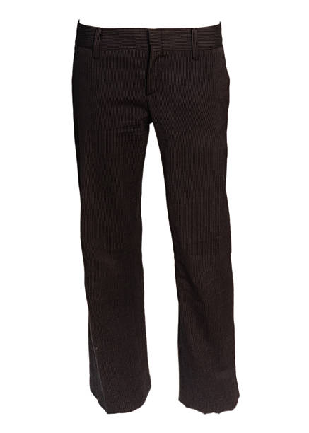Studio shot of an elegant brown pinstripe womens business suit consisting of tailored blazer and matching trousers photographed isolated on white background showing front and back views suitable for corporate fashion editorial catalogue and e commerce use