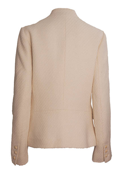 A stylish womens cream blazer with textured fabric and double breasted button closure photographed isolated on a white background featuring a tailored fit long sleeves structured shoulders and classic lapel design suitable for business formal wear fashion catalog ecommerce and studio apparel presentations