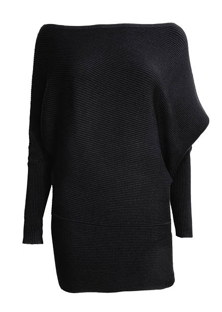 A black ribbed knit sweater dress with wide boat neckline and long sleeves photographed as a studio shot isolated on white background showcasing minimalist fashion design texture and winter clothing style with copy space