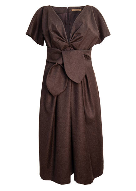 Front and back view of a sophisticated brown short-sleeve midi dress featuring a deep V-neckline, pleated details at the bodice, and a large decorative bow tie at the waist. Professional and elegant women's attire suitable for business or formal evening wear. High-quality studio shot isolated on a seamless white background.