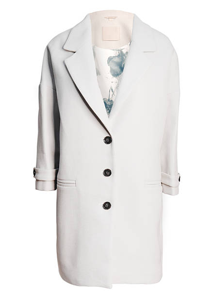 Stylish white womens tailored coat with three button front closure and classic lapel collar photographed isolated on white background front and back view showing clean lines minimalist design and modern fashion silhouette suitable for autumn winter outerwear collection studio shot