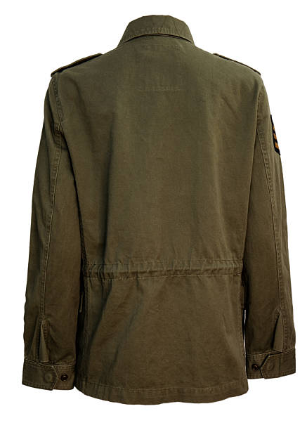 A vintage military style olive green field jacket featuring a structured collar, front button closure, multiple utility pockets and classic army inspired design photographed from front and back isolated on white background suitable for fashion, apparel and retail use