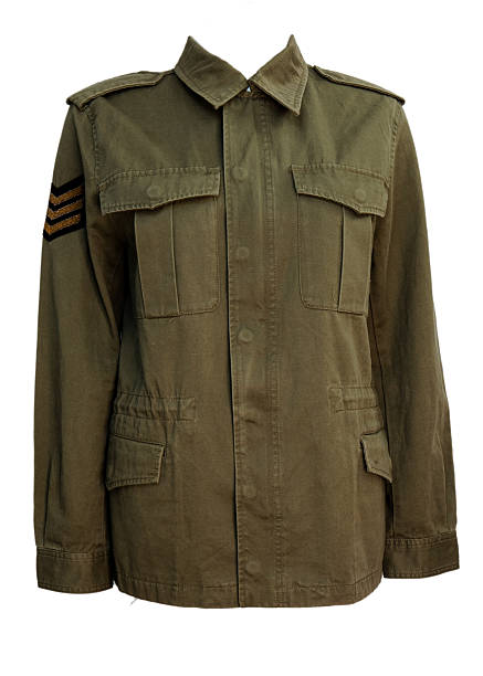 A vintage military style olive green field jacket featuring a structured collar, front button closure, multiple utility pockets and classic army inspired design photographed from front and back isolated on white background suitable for fashion, apparel and retail use