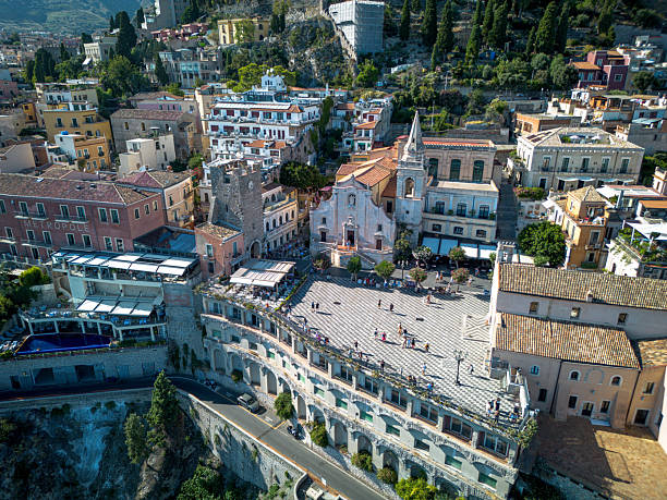 Drone photos of the coastal town of Taormina in Sicily, Italy.