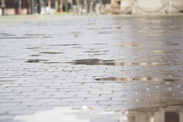 Raindrops create puddles on cobblestones in a public square.