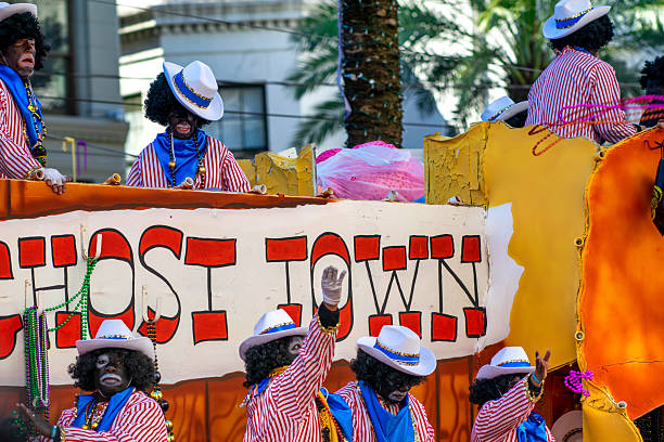 New Orleans, LA - February 9, 2016: New Orleans Mardi Gras celebration featuring ornate parade floats and festive participants.