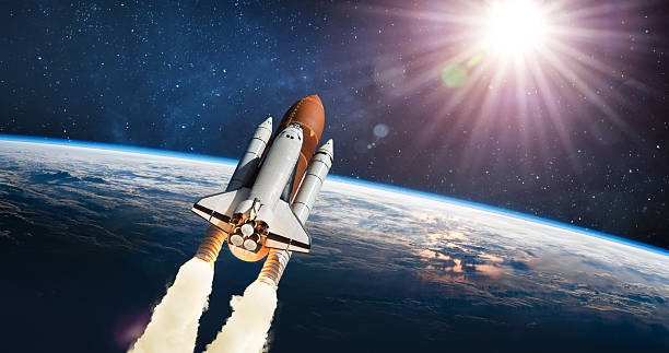 Space shuttle flight from Earth surface into space. The spacecraft in the stars. The launch of rocket carrying astronauts into outer space. Elements of this image furnished by NASA. Not AI. (url: https://images-assets.nasa.gov/image/sts062-s-055/sts062-s-055~small.jpg)